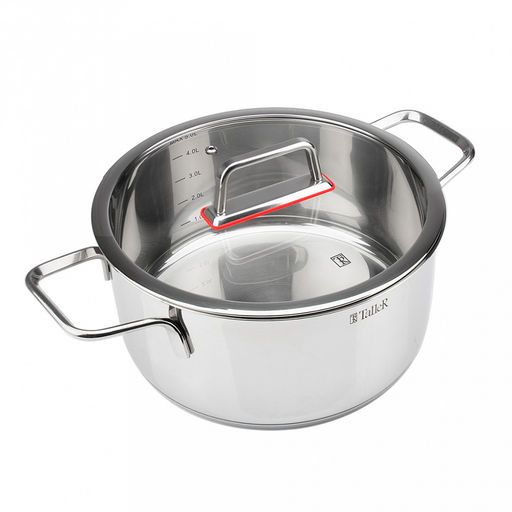 Кастрюля из нержавеющей стали Tendency 5л, д24см, h11,8см, s0,6мм, дно s2,8мм, плоская стеклянная жаропрочная крышка, пароотвод, стальной обод, капсулированное дно, прутковые ручки из нержавеющей стали на точечной сварке, полировка снаружи - зеркал