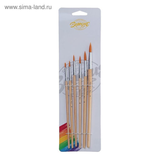 Набор кистей для рисования, нейлон, 6 штук: №1, 2, 3, 4, 5, 6, круглые, деревянная ручка, международный размер