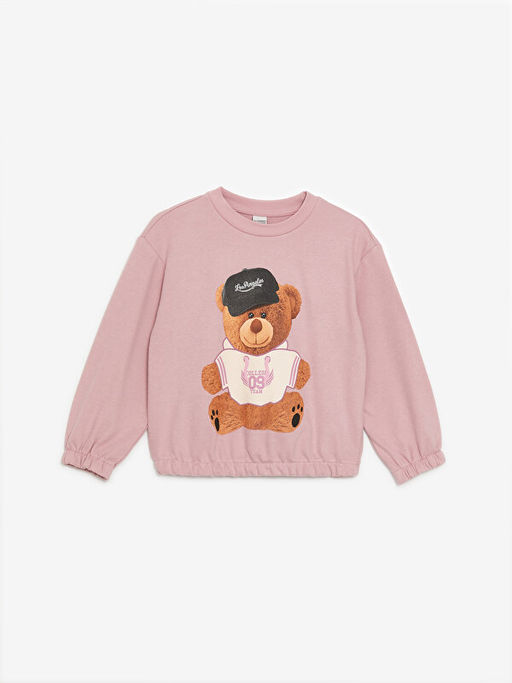 Bisiklet Yaka Bask?l? Uzun Kollu K?z ?ocuk Sweatshirt