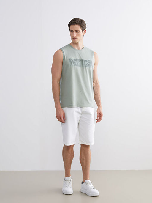 Bisiklet Yaka Bask?l? Erkek Kolsuz Ti??rt