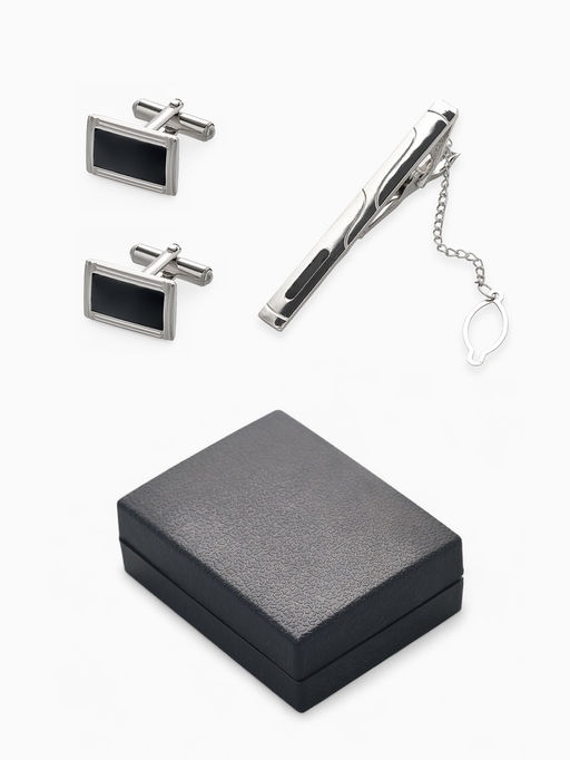 Набор мужской медный Запонки + Зажим для галстука прямоугольник с эмалью, чёрно-серебристый