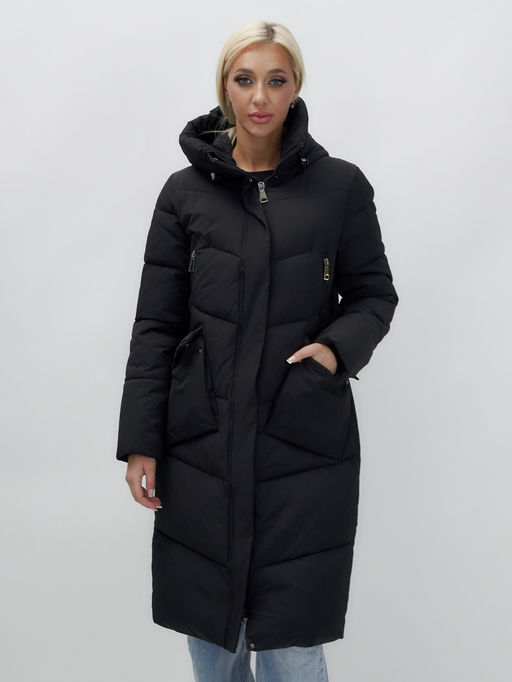 Пальто утепленное стеганное зимнее с капюшоном женское черного цвета 9639Ch - Mtforce фото 12