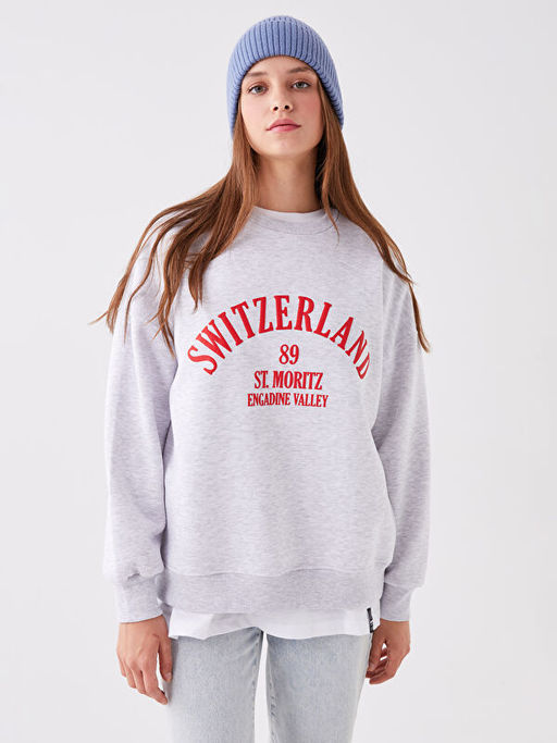 Bisiklet Yaka Bask?l? Uzun Kollu Oversize Kad?n Sweatshirt - Waikiki фото 2