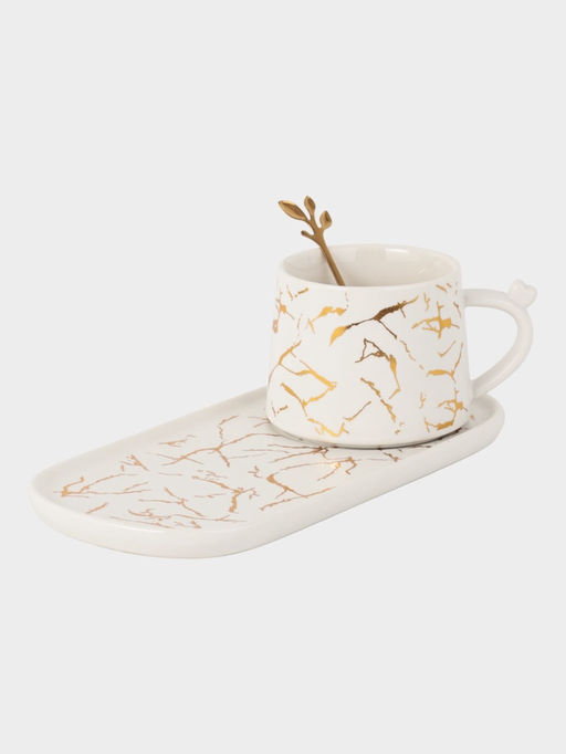 Чайная пара «Мрамор», 2 предмета: чашка 250 мл, блюдце 13.5×11×1 см, керамика, белая