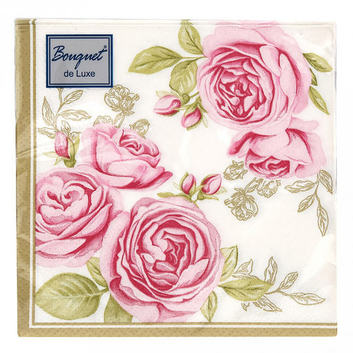 Салфетки бумажные "Bouquet de Luxe" 24х24см, 3-х слойные, 25 штук в упаковке, 100% целлюлоза, "Роза с золотыми листьями" (Россия)