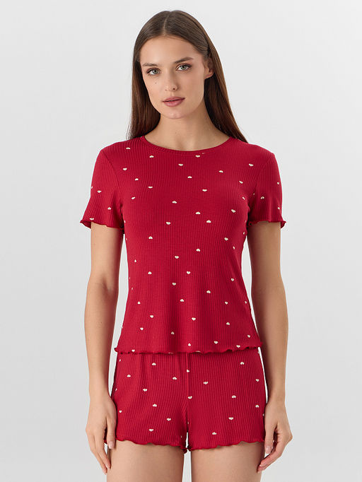 Комплект домашний женский красный с принтом в сердечко