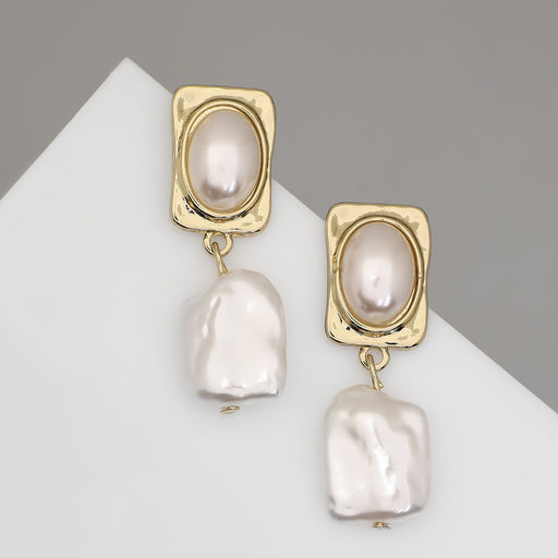 Серьги с жемчугом Эксклюзив мятый прямоугольник, цвет золото