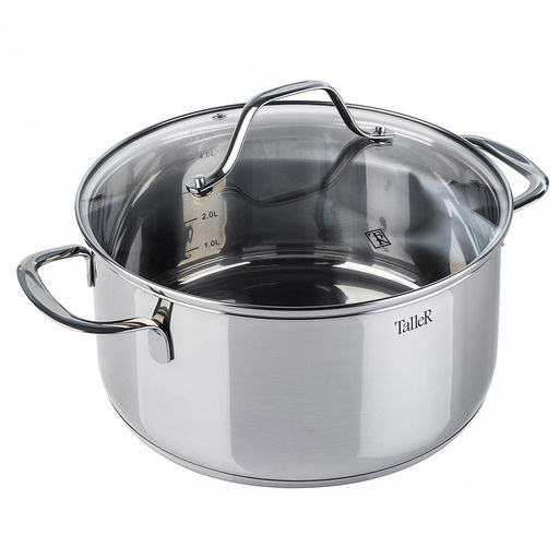 Кастрюля из нержавеющей стали Элиас 2л, д18см, h9см, s0,6мм, дно s2,8мм, стеклянная жаропрочная крышка, стальной обод, пароотвод, капсулированное дно, полировка внешняя - зеркальная, внутренняя - зеркальная, мерная шкала, цветная коробка, TalleR - Домашняя мода фото 2