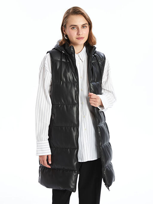 Kap??onlu D?z Deri G?r?n?ml? Kad?n ?i?me Yelek