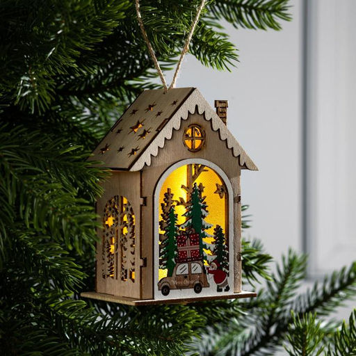 Ёлочная игрушка Домик с Дедом Морозом и машиной, 8.2х4.2х7.3 см, от батареек, свечение тёплое белое