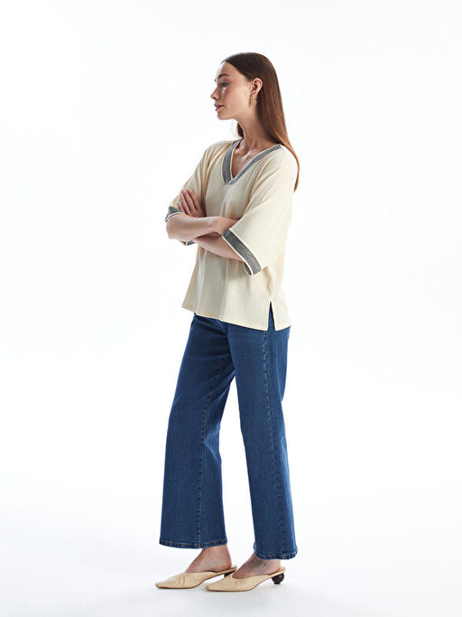 V Yaka ?erit Detayl? Oversize Kad?n Bluz