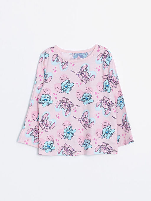Bisiklet Yaka Uzun Kollu Lilo ve Stitch Bask?l? K?z Bebek Pijama ?st