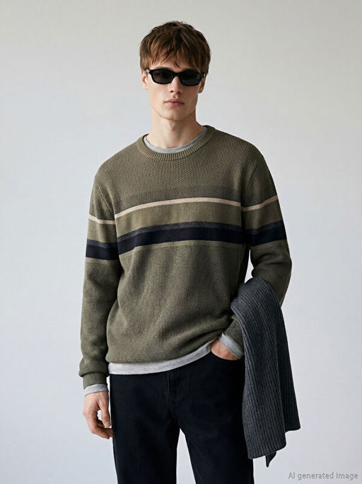 Bisiklet Yaka ?izgili Erkek Triko Kazak