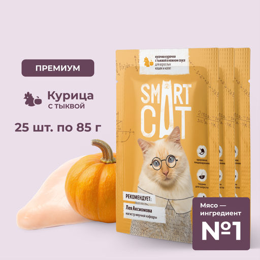 "Упаковка 25 шт" Паучи для взрослых кошек и котят кусочки курочки с тыквой в нежном соусе