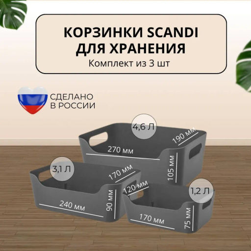Набор: КОРЗИНКА УНИВЕРСАЛЬНАЯ SCANDI 1,2Л + 3,1Л + 4,6Л (Серый)