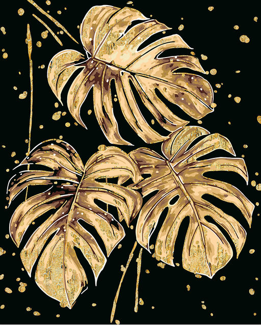 ФРЕЯ PNB/PLPT-314 Набор для раскрашивания по номерам ( с поталью ) ( эффект черного холста ) 50 х 40 см Золотые листья монстеры