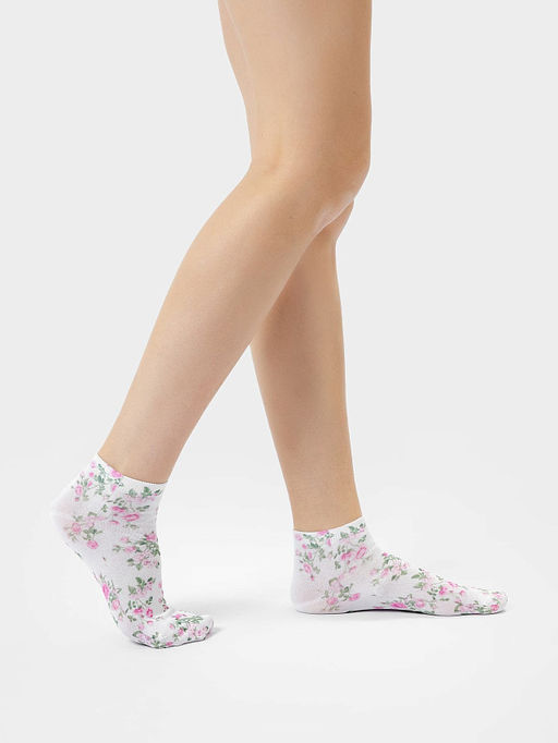 Цена за 5 пар! Носки женские укороченные белые с рисунком роз