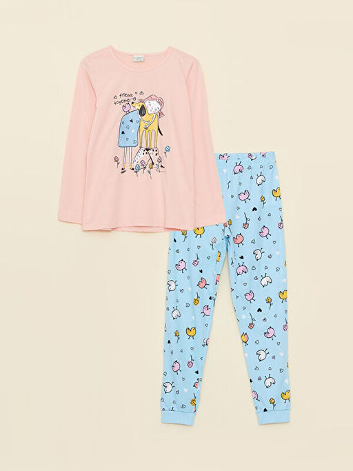 Bisiklet Yaka Bask?l? Uzun Kollu K?z ?ocuk Pijama Tak?m?