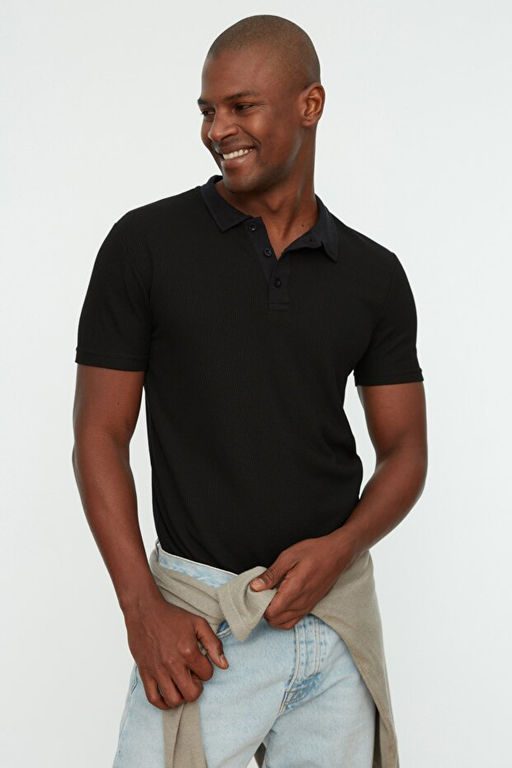 Siyah Slim/Dar Kesim Dokulu D__meli %100 Pamuk Polo Yaka T-shirt TMNSS20PO0002 - Trendyolmilla фото 2