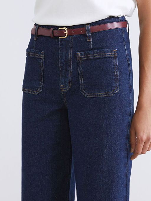 Beli Kemerli Wideleg Kad?n Jean Pantolon