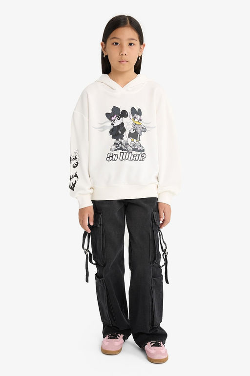 Disney Mickey & Minnie Oversize Geni_ Kal_p Kap__onlu Sweatshirt K_z _ocuk - Defacto фото 3