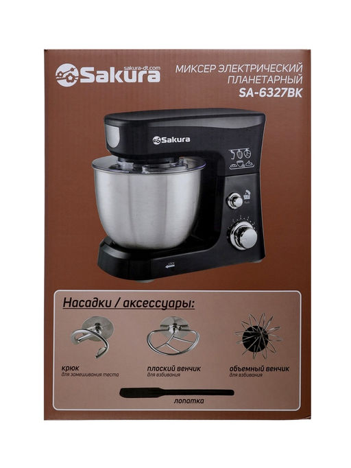 Миксер планетарный Sakura SA-6327BK, 1000 Вт, 6 скоростей, чаша 3.5 л, 3 насадки, чёрный