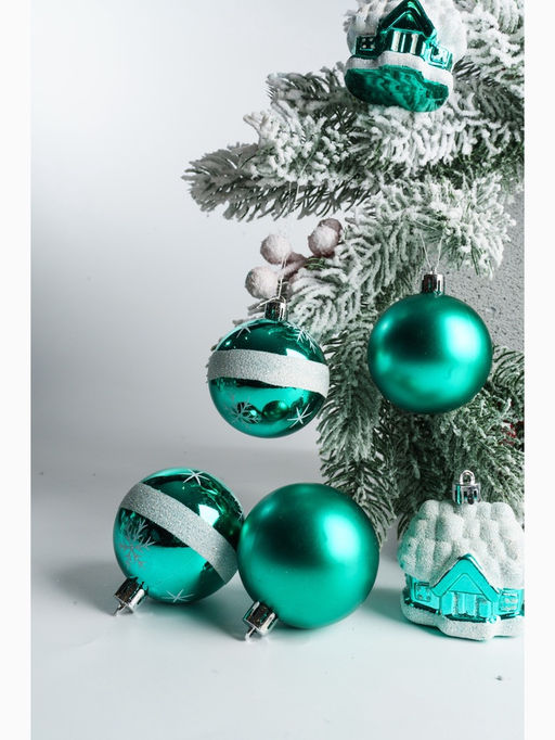 Ёлочные игрушки Домик, шары новогодние, набор 6 шт. (4 шара, 2 домика), 6 см, зелёный - Зимнее волшебство фото 4