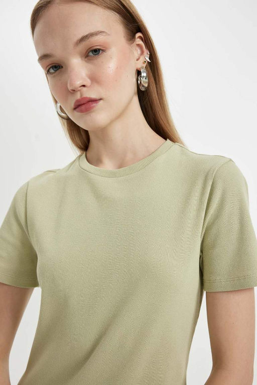 Мини-платье Bodycon с круглым вырезом в рубчик и короткими рукавами - Defacto фото 4