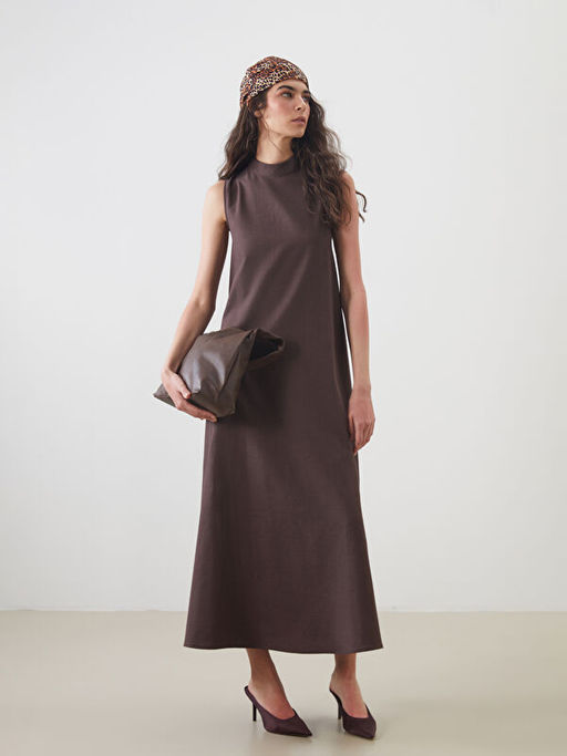 Dik Yaka A Kesim Keten Kar???ml? Elbise