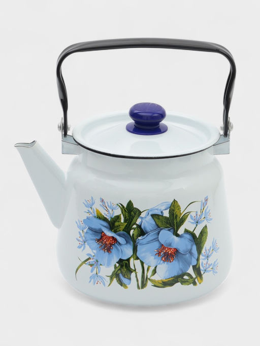 Чайник Цветы синие, 3.5 л, эмалированная сталь, белый