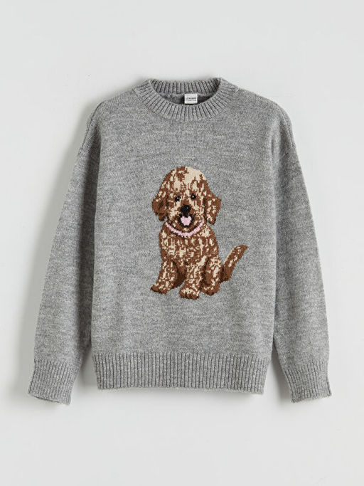 Bisiklet Yaka Desenli K?z ?ocuk Triko Kazak