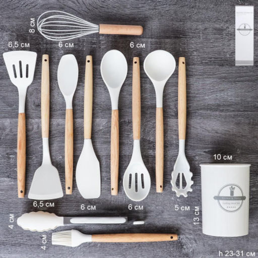 Кухонный набор 12 предметов в подставке/ KNA-140 /уп 16/ приборы силикон/дерево /0,8/Молочный - Галеонтрейд фото 3