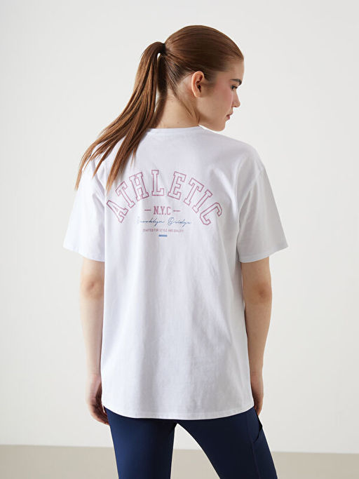 Bisiklet Yaka Bask?l? Oversize Kad?n Spor Ti??rt