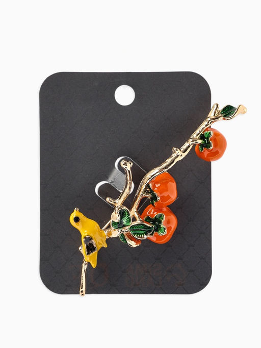 Брошь «Птица на ветке» хурма, цвет оранжевый в золоте