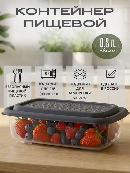 Контейнер для продуктов Гурман 0,8л, 19,4х13,1х5,2см, полипропилен, графит, подходит для СВЧ и заморозки (Россия)