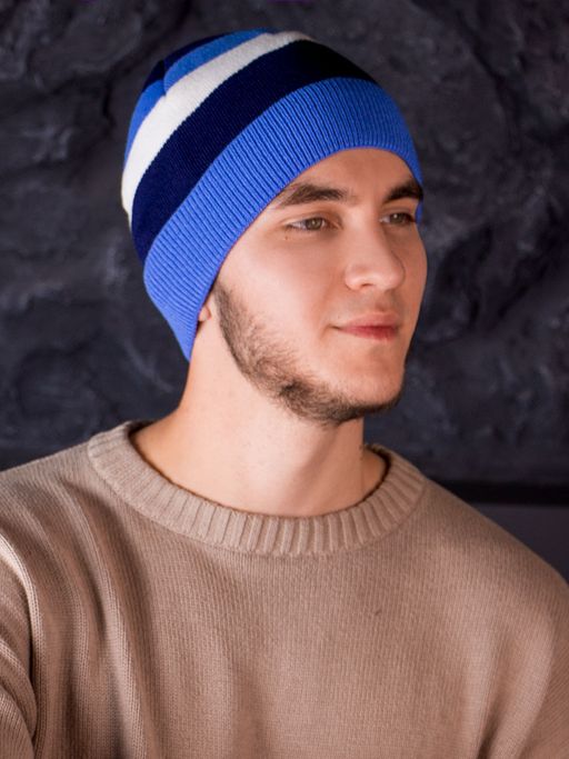 Шапка вязаная в полоску с отворотом, бежевый и оранжевый - Русбубон фото 11