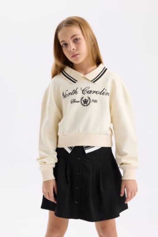K?z Cocuk Relax Fit Polo Yaka Bask?l? Sweatshirt