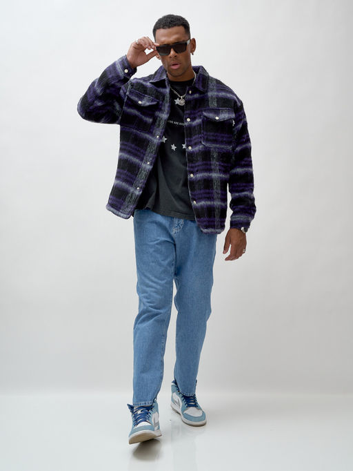 Куртка рубашка шерстяная в клетку мужская демисезонная темно-фиолетового цвета 58569TF