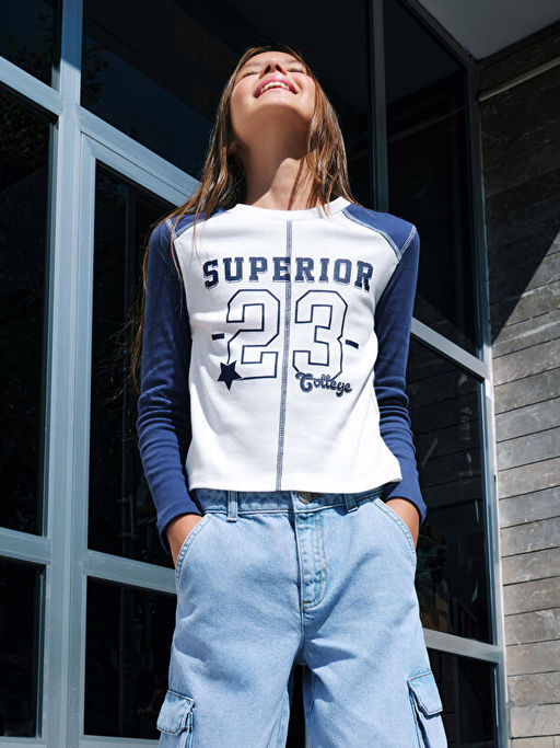 Bisiklet Yaka Bask?l? Uzun Kollu K?z ?ocuk Ti??rt - Waikiki фото 3