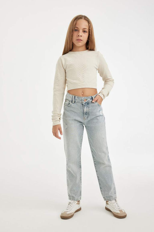 Джинсовые брюки скинни с рваными деталями для мамы для девочек - Defacto фото 2