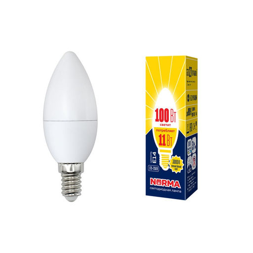 LED-C37-11W/WW/E14/FR/NR Лампа светодиодная. Форма "свеча", матовая. Серия Norma. Теплый белый свет (3000K). Картон. ТМ Volpe