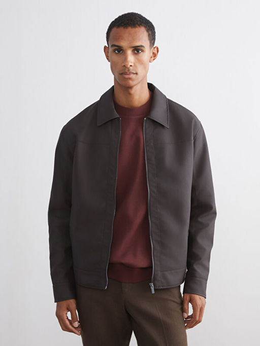 Standart Kal?p G?mlek Yaka Erkek Deri G?r?n?ml? Ceket