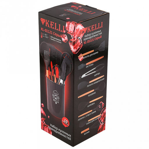 Кухонный набор Kelli 10 предметов: лопатка для жарки, кисточка, щипцы, лопатка кондитерская, половник, шумовка, лопатка с отверстиями, ложка для салатов, венчик, подставка, силикон, бамбук, серый (Китай) - Домашняя мода фото 2