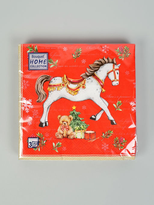 Цена за 3 шт. Салфетки бумажные трёхслойные «Новогодняя лошадка. Красный фон», 33×33, 20 шт.