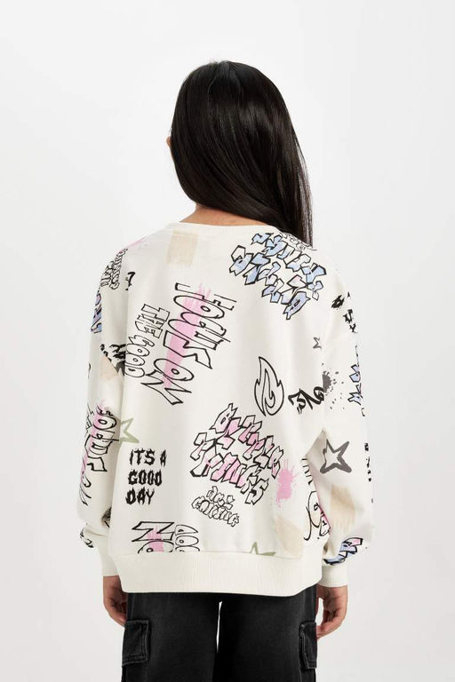 Толстовка оверсайз для девочек с широким кроем и круглым вырезом с 3D-принтом - Defacto фото 6