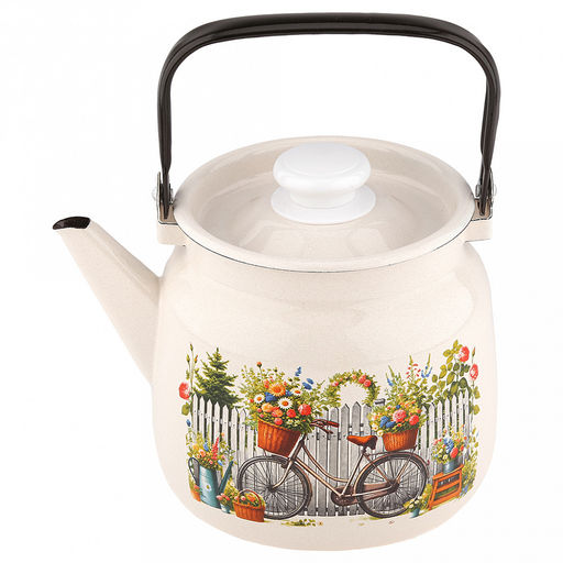 Романтика Чайник эмалированный 3,5л, 3,5л, д19,4см, h16,2см, s0,08мм, двойной слой эмалевого покрытия, металлическая крышка с пластмассовой ручкой-кнопкой, металлическая подвижная ручка (Россия)