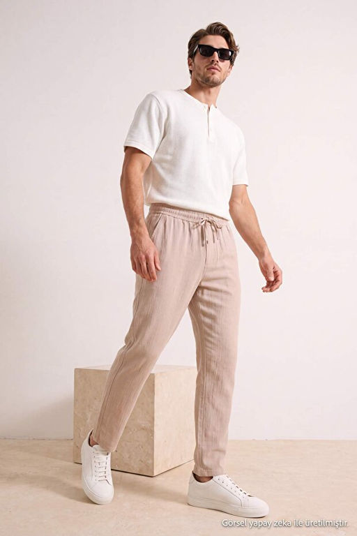 Bej Beli Lastikli Straight Erkek Pantolon TMNSS26PL00040