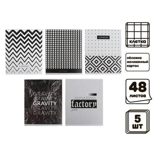 Комплект тетрадей из 5 штук, 48 листов в клетку Calligrata ЧБ. Геометрия, обложка мелованный картон, блок офсет  фото 4