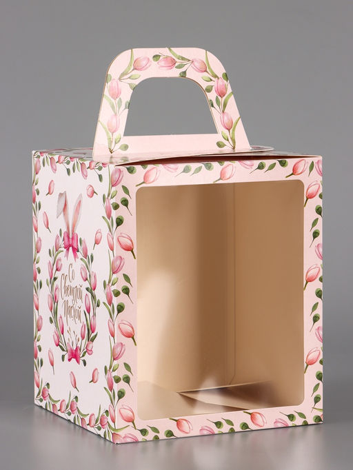 Цена за 5 шт. Коробка подарочная пасхальная с окном Тюльпаны, розовый, 15?15?18 см