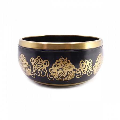 Чаша поющая с золотыми символами Лев 5 металлов от 600гр до 800гр h-7см d-12см черные и коричневые